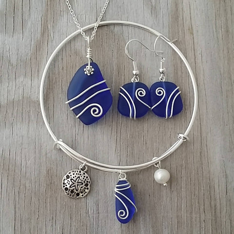 Handmade in Hawaii, Wire wrapped cobalt blue sea glass necklace + earrings + bracelet set, Sand dollar, "September Birthstone"