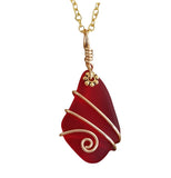 Hawaiian Jewelry Sea Glass Necklace, Gold Wire Necklace, Ruby Necklace Red Necklace, Beach Jewelry, Birthday Gift (July Birthstone Jewelry)