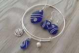 Handmade in Hawaii, Wire wrapped cobalt blue sea glass necklace + earrings + bracelet set, Sand dollar, "September Birthstone"