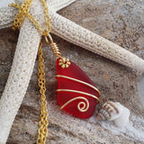 Hawaiian Jewelry Sea Glass Necklace, Gold Wire Necklace, Ruby Necklace Red Necklace, Beach Jewelry, Birthday Gift (July Birthstone Jewelry)