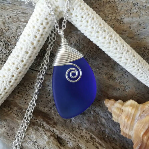 Handmade in Hawaii, Wire wrapped cobalt blue sea glass necklace,   gift box, Gift for her, Beach jewelry.