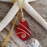 Hawaiian Jewelry Sea Glass Necklace, Gold Wire Necklace, Ruby Necklace Red Necklace, Beach Jewelry, Birthday Gift (July Birthstone Jewelry)