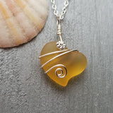 Hawaiian Jewelry Sea Glass Necklace, Wire Heart Necklace Yellow Necklace, Sea Glass Jewelry Birthday Gift (November Birthstone Jewelry Gift)