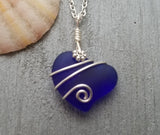 Hawaiian Jewelry Sea Glass Necklace, Wire Cobalt Blue Necklace Heart Necklace, Beach Jewelry Birthday Gift For Women (September Birthstone)