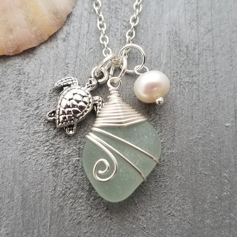 Handmade in Hawaii, Wire wrapped Genuine surf tumbled natural sea glass. Sea turtle charm, Natural pearl, Sea glass jewelry