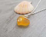 Hawaiian Jewelry Sea Glass Necklace, Wire Heart Necklace Yellow Necklace, Sea Glass Jewelry Birthday Gift (November Birthstone Jewelry Gift)