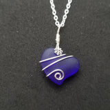 Hawaiian Jewelry Sea Glass Necklace, Wire Cobalt Blue Necklace Heart Necklace, Beach Jewelry Birthday Gift For Women (September Birthstone)