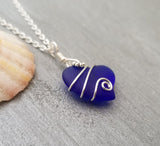 Hawaiian Jewelry Sea Glass Necklace, Wire Cobalt Blue Necklace Heart Necklace, Beach Jewelry Birthday Gift For Women (September Birthstone)