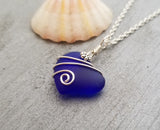 Hawaiian Jewelry Sea Glass Necklace, Wire Cobalt Blue Necklace Heart Necklace, Beach Jewelry Birthday Gift For Women (September Birthstone)