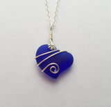 Hawaiian Jewelry Sea Glass Necklace, Wire Cobalt Blue Necklace Heart Necklace, Beach Jewelry Birthday Gift For Women (September Birthstone)