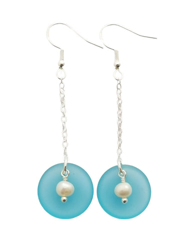 Hawaiian Jewelry Sea Glass Earrings, Clamshell Pearl Earrings Turquoise Blue Jewelry, Beach Sea Glass Birthday Gift (December Birthstone)