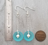 Hawaiian Jewelry Sea Glass Earrings, Clamshell Pearl Earrings Turquoise Blue Jewelry, Beach Sea Glass Birthday Gift (December Birthstone)