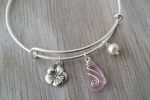 Hawaiian Jewelry Sea Glass Bracelet, Pink Bracelet Hibiscus Pearl Beach Bracelet, Sea Glass Jewelry Birthday Gift (October Birthstone)