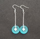 Hawaiian Jewelry Sea Glass Earrings, Clamshell Pearl Earrings Turquoise Blue Jewelry, Beach Sea Glass Birthday Gift (December Birthstone)