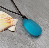 Hawaii Leather Cord Turquoise Bay Blue Chunky Sea Glass Necklace Unique Unisex Sea Glass Jewelry Gift For Him or Her, December Birthstone