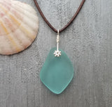 Hawaiian Jewelry Sea Glass Necklace, Aquamarine Necklace, Leather Cord Necklace, Sea Glass Jewelry, Unisex Jewelry(March Birthstone Jewelry)