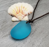 Hawaii Leather Cord Turquoise Bay Blue Chunky Sea Glass Necklace Unique Unisex Sea Glass Jewelry Gift For Him or Her, December Birthstone