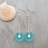 Hawaiian Jewelry Sea Glass Earrings, Clamshell Pearl Earrings Turquoise Blue Jewelry, Beach Sea Glass Birthday Gift (December Birthstone)