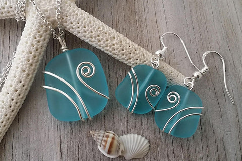 Made in Hawaii, Wire wrapped blue sea glass necklace + earrings jewelry set,  Beach jewelry gift.