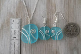 Made in Hawaii, Wire wrapped blue sea glass necklace + earrings jewelry set,  Beach jewelry gift.