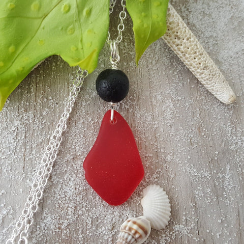 Hawaii Volcanic Eruption with "Lava and Fire" jewelry,  Lava Rock and Red Sea Glass necklace,   FREE gift wrap