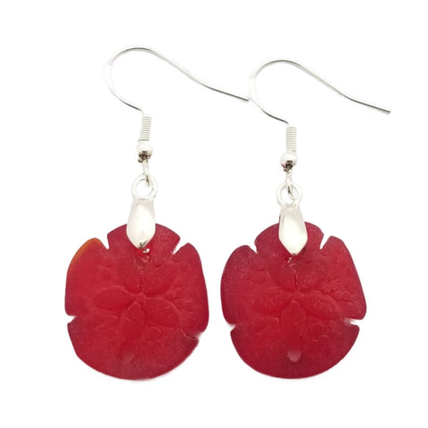 Hawaiian Jewelry Sea Glass Earrings, Ruby Red Twin Sand Dollar Earrings,  Unique Earrings (July Birthstone Jewelry)