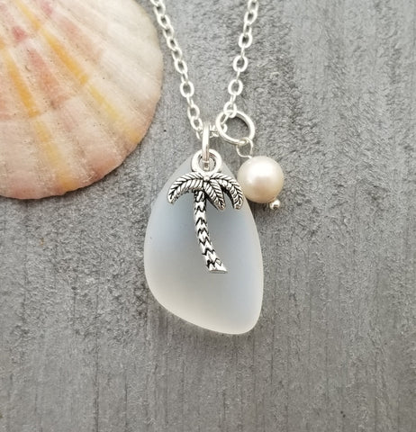 Hawaiian Jewelry Sea Glass Necklace,  Moonstone Necklace Palm Tree Necklace Pearl Necklace, Sea Glass Birthday Gift (June Birthstone)