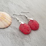 Hawaiian Jewelry Sea Glass Earrings, Ruby Red Twin Sand Dollar Earrings,  Unique Earrings (July Birthstone Jewelry)