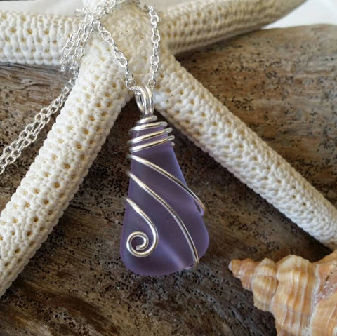 Made in Hawaii, Wire wraped "Magical Color Changing" Purple sea glass necklace