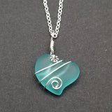 Hawaiian Jewelry Sea Glass Necklace, Wire Heart Necklace Aquamarine Necklace, Sea Glass Jewelry, Beach Jewelry, (March Birthstone Jewelry)