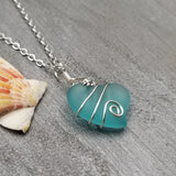 Hawaiian Jewelry Sea Glass Necklace, Wire Heart Necklace Aquamarine Necklace, Sea Glass Jewelry, Beach Jewelry, (March Birthstone Jewelry)