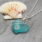 Hawaiian Jewelry Sea Glass Necklace, Wire Heart Necklace Aquamarine Necklace, Sea Glass Jewelry, Beach Jewelry, (March Birthstone Jewelry)