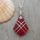 Hawaiian Jewelry Sea Glass Necklace, Wire Cross Necklace Red Necklace, Sea Glass Jewelry For Women Beach Jewelry (January Birthstone Gift)