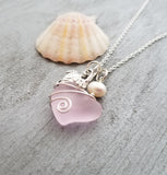 Hawaiian Jewelry Sea Glass Necklace, Wire Heart Necklace Pink Necklace, Pearl Turtle Necklace, Beach Jewelry For Women (October Birthstone)