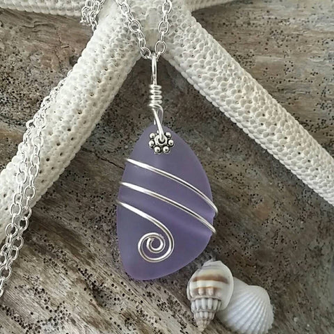 Handmade in Hawaii, wire wrapped  "Magical Color Changing" Purple sea glass beach necklace