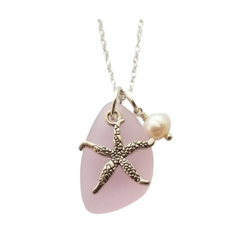 Hawaiian Jewelry Sea Glass Necklace, Pink Necklace Starfish Necklace Pearl Beach Sea Glass Jewelry Birthday Gift  (October Birthstone Gift)