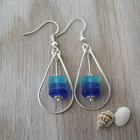 Made in Hawaii, Wire loop triple blue sea glass earrings,    gift box.beach jewelry