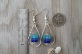 Made in Hawaii, Wire loop triple blue sea glass earrings,    gift box.beach jewelry