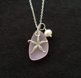 Hawaiian Jewelry Sea Glass Necklace, Pink Necklace Starfish Necklace Pearl Beach Sea Glass Jewelry Birthday Gift  (October Birthstone Gift)