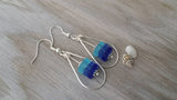 Made in Hawaii, Wire loop triple blue sea glass earrings,    gift box.beach jewelry