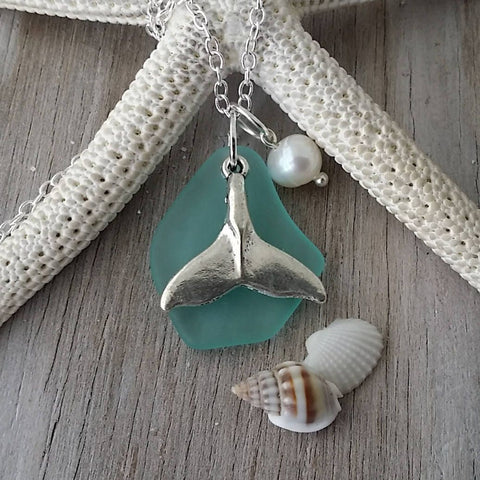 Hawaiian Jewelry Sea Glass Necklace, Aquamarine Necklace Whale tail Necklace, Beach Jewelry Sea Glass Jewelry (March Birthstone Jewelry)