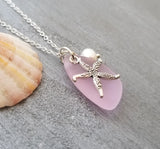 Hawaiian Jewelry Sea Glass Necklace, Pink Necklace Starfish Necklace Pearl Beach Sea Glass Jewelry Birthday Gift  (October Birthstone Gift)