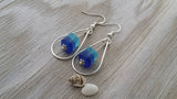 Made in Hawaii, Wire loop triple blue sea glass earrings,    gift box.beach jewelry