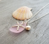 Hawaiian Jewelry Sea Glass Necklace, Pink Necklace Starfish Necklace Pearl Beach Sea Glass Jewelry Birthday Gift  (October Birthstone Gift)