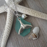 Hawaiian Jewelry Sea Glass Necklace, Aquamarine Necklace Whale tail Necklace, Beach Jewelry Sea Glass Jewelry (March Birthstone Jewelry)