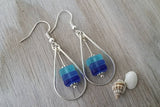 Made in Hawaii, Wire loop triple blue sea glass earrings,    gift box.beach jewelry