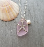 Hawaiian Jewelry Sea Glass Necklace, Pink Necklace Starfish Necklace Pearl Beach Sea Glass Jewelry Birthday Gift  (October Birthstone Gift)