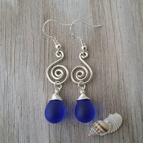 Made in Hawaii, Wire wrapped lantern cobalt blue sea glass earrings,    , gift box.beach jewelry