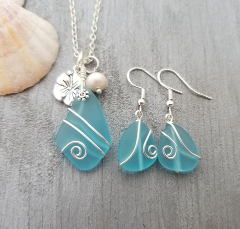 Made in Hawaii, Wire wrapped blue sea glass necklace + earrings jewelry set, Hibiscus charm and Natural Pearl, Birthday Gifts