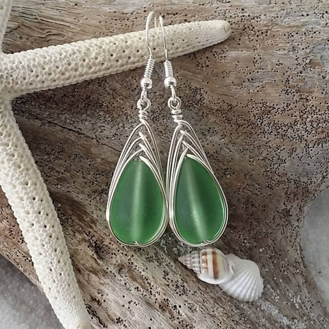 Hawaiian Jewelry Sea Glass Earrings, Braided Peridot Earrings Green Earrings Teardrop Earrings, Sea Glass Jewelry(August Birthstone Jewelry)